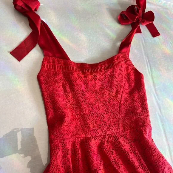 NEW Alice + Olivia Rosalee Eyelet Maxi Dress Tie Strap Red Cotton - Picture 7 of 15